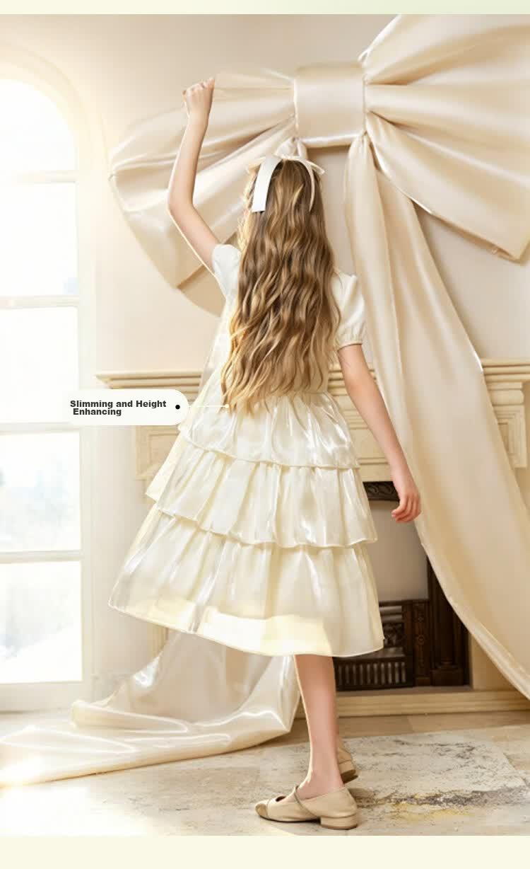 CHANZUIGOU Girls Mousse Cake Princess Dress 26 Summer New Children's Waterdrop Button Mid-Length Satin Dress 9